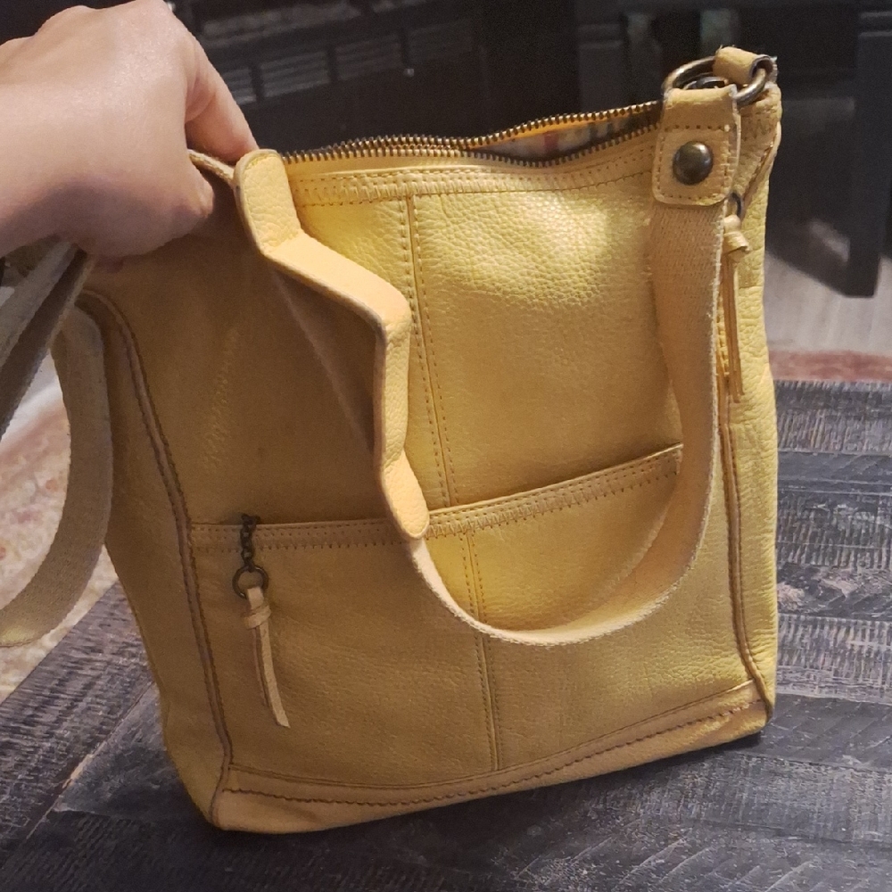 Yellow Pebbled Leather Shoulder Bag with Brass Hardware